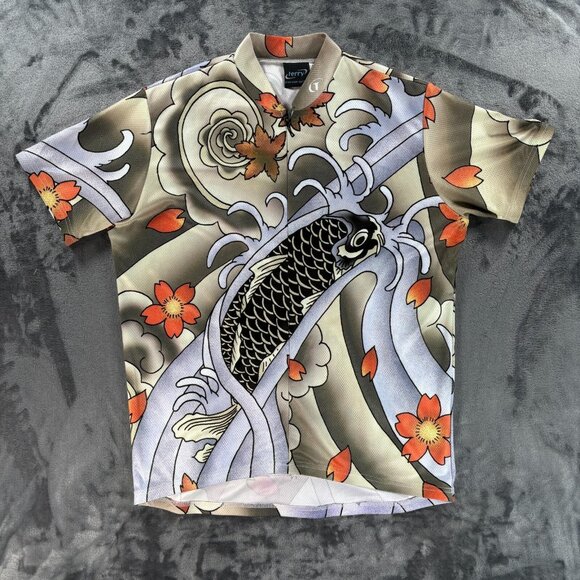 TERRY Cycling Jersey Women L 3/4 Zip Japanese Koi Fish Art Kit Racing - Picture 1 of 14